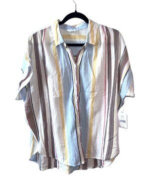 Time And Tru Womens Striped Button-Down Shirt L 100% Cotton Brown Yellow Blue